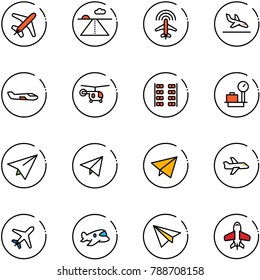 line vector icon set - plane vector, runway, radar, arrival, small, helicopter, seats, baggage scales, paper, fly, toy