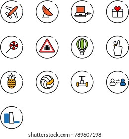 line vector icon set - plane vector, satellite antenna, netabook connect, gift, lollipop, tunnel road sign, air balloon, victory, pineapple, volleyball, gyroscope, information exchange