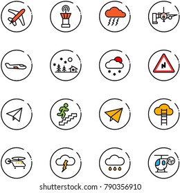 line vector icon set - plane vector, airport tower, storm, boarding passengers, small, christmas landscape, snowfall, abrupt turn right road sign, paper fly, career, cloud ladder, helicopter, rain