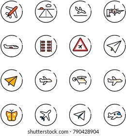 line vector icon set - plane vector, runway, arrival, boarding passengers, small, seats, airport road sign, paper, fly, helicopter, butterfly, toy