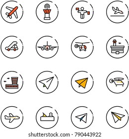 line vector icon set - plane vector, airport tower, traffic controller, arrival, trap truck, helicopter, building, paper, fly, jointer