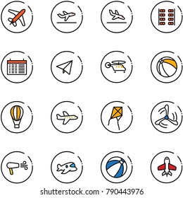 line vector icon set - plane vector, departure, arrival, seats, schedule, paper fly, helicopter, ball, air balloon, kite, wind mill, dryer, toy, beach