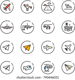 line vector icon set - plane vector, traffic controller, runway, arrival, boarding passengers, helicopter, airport building, paper fly, toy