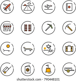 line vector icon set - plane vector, runway, departure, passport, duty free, seats, job, rock axe, lounger, palm, suitcase, sand castle, trailer