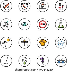 line vector icon set - plane vector, phone alarm, officer window, wine, run, eye, no truck overtake road sign, rocket, beach, outdoor cafe, shell, snow, rake, bear toy, beanbag, car