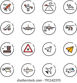 line vector icon set - plane vector, traffic controller, runway, arrival, trap truck, boarding passengers, helicopter, airport building, road sign, paper fly, toy