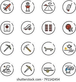 line vector icon set - plane vector, airport tower, runway, suitcase, passport, trap truck, seats, globe, job, rock axe, lounger, palm, mountains, trailer, helicopter toy