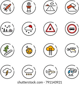 line vector icon set - plane vector, airport tower, runway, clouds, christmas landscape, snowfall, abrupt turn right road sign, no bus, career, moon flag, cloud ladder, helicopter, storm, rain, toy