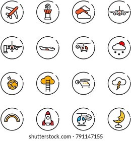 line vector icon set - plane vector, airport tower, clouds, boarding passengers, small, helicopter, snowfall, moon flag, cloud ladder, storm, rainbow, rocket, toy, lamp