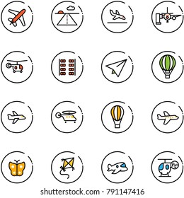 line vector icon set - plane vector, runway, arrival, boarding passengers, helicopter, seats, paper, air balloon, butterfly, kite, toy