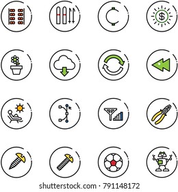 line vector icon set - plane seats vector, ski, cent, dollar sun, flower pot, download cloud, refresh, fast backward, beach, bezier, fine signal, pliers, screw, soccer ball, robot