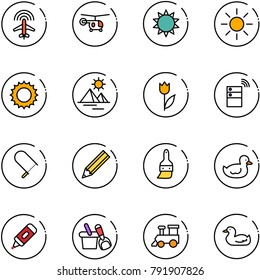 line vector icon set - plane radar vector, helicopter, sun, pyramid, tulip, server wireless, fretsaw, pencil, brush, duck toy, marker, shovel bucket, train