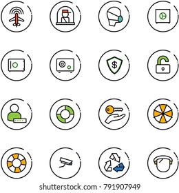 line vector icon set - plane radar vector, officer window, medical mask, safe, unlocked, user password, lifebuoy, key hand, parasol, surveillance camera, recycling, protect glass
