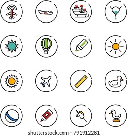 line vector icon set - plane radar vector, small, santa sleigh, bladder, sun, air balloon, highlight marker, ruler, duck toy, ball, unicorn stick