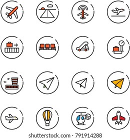line vector icon set - plane vector, runway, radar, departure, baggage, waiting area, trap truck, scales, airport building, paper, fly, air balloon, helicopter toy