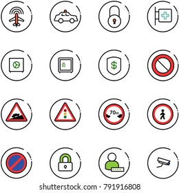line vector icon set - plane radar vector, safety car, lock, first aid room, safe, prohibition road sign, climb, traffic light, limited distance, no pedestrian, parking, locked, user password