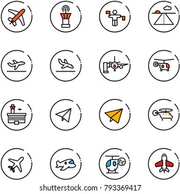 line vector icon set - plane vector, airport tower, traffic controller, runway, departure, arrival, boarding passengers, helicopter, building, paper fly, toy