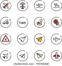 line vector icon set - plane vector, radar, departure, arrival, trap truck, small, baggage scales, globe, airport road sign, paper, fly, toy