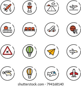 line vector icon set - plane vector, airport tower, runway, departure, baggage, waiting area, trap truck, globe, road sign, air balloon, paper fly, helicopter, toy