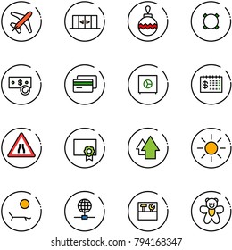 line vector icon set - plane vector, automatic doors, christmas ball, currency, cash, credit card, safe, finance calendar, Road narrows sign, certificate, arrow up, sun, lounger, globe, tool box