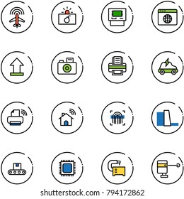line vector icon set - plane radar vector, terrorism, atm, browser globe, uplooad, camera, printer, electric car, wireless, home, fingerprint scanner, water power plant, conveyor, cpu, machine tool