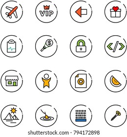 line vector icon set - plane vector, vip, left arrow, gift, pulse clipboard, money torch, locked, tag code, store, success, certificate, watermelone, pyramid, fishing, binary, screw