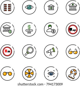 line vector icon set - plane seats vector, eye, bank, account, no trailer road sign, truck overtake, magnifier, telescope, sunglasses, parasol, scanner, teethers