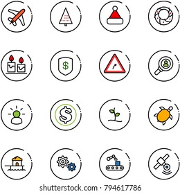 line vector icon set - plane vector, christmas tree, hat, wreath, candle, safe, turn right road sign, head hunter, idea, dollar, sproute, sea turtle, bungalow, gear, conveyor, satellite