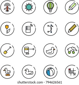 line vector icon set - plane radar vector, sun, air balloon, highlight marker, tulip, server wireless, bezier, pencil, shovel, laser lever, duck toy, elephant wheel, basketball, Tic tac toe