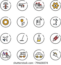 line vector icon set - plane radar vector, helicopter, santa sleigh, money managemet, sun, tulip, server wireless, bezier, rake, brush, marker, shovel bucket, toy train, car, unicorn stick