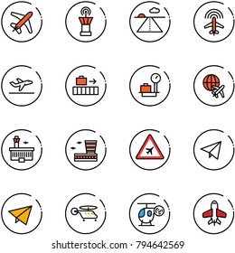 line vector icon set - plane vector, airport tower, runway, radar, departure, baggage, scales, globe, building, road sign, paper fly, helicopter, toy