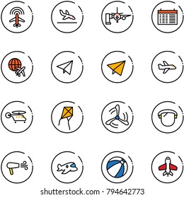 line vector icon set - plane radar vector, arrival, boarding passengers, schedule, globe, paper fly, helicopter, kite, wind mill, protect glass, dryer, toy, beach ball