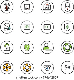 line vector icon set - plane radar vector, trash, officer window, lock, medical mask, safe, unlocked, shield, user password, lifebuoy, parasol, surveillance camera