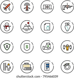 line vector icon set - plane vector, radar, automatic doors, boarding passengers, snowman, mountains, diet list, heart, safe, investment, team leader, opportunity, sea hotel, server, beanbag
