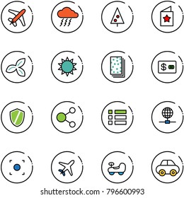 line vector icon set - plane vector, storm, christmas tree, star postcard, three leafs, sun, breads, credit card, shield, share, menu, globe, record button, baby car