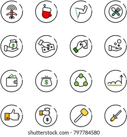 line vector icon set - plane radar vector, christmas glove, power hand, fork spoon plate, investment, cash pay, wallet, purse, social, growth, finger up, rich, rubber hammer, clinch
