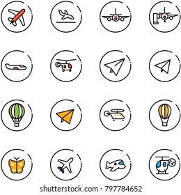 line vector icon set - plane vector, arrival, boarding passengers, small, helicopter, paper, fly, air balloon, butterfly, toy