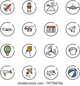 line vector icon set - plane vector, airport tower, runway, small, helicopter, schedule, paper fly, air balloon, kite, wind mill, protect glass, dryer, toy, beach ball