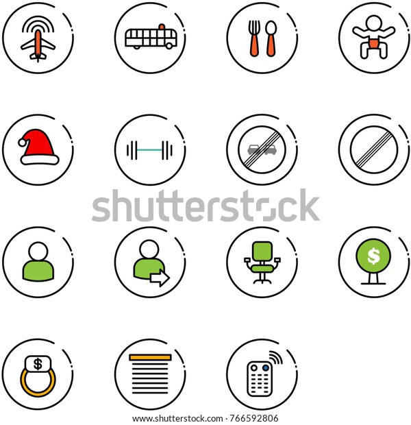 line vector icon set - plane radar vector,\
airport bus, spoon and fork, baby, christmas hat, barbell, end\
overtake limit road sign, no, user, login, office chair, money\
tree, finger ring,\
jalousie