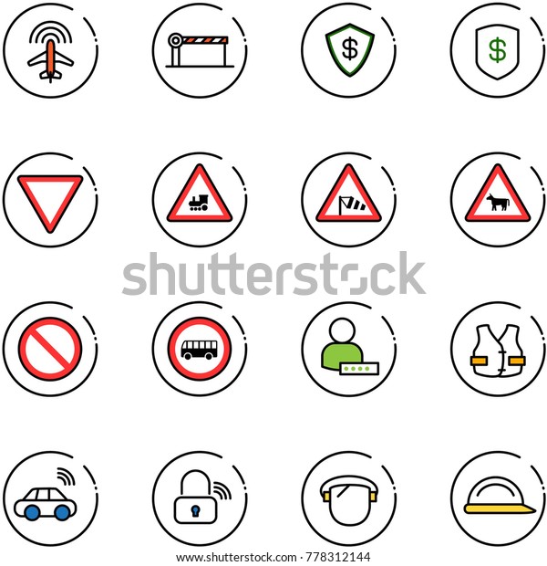 line vector icon set - plane radar vector, barrier,\
safe, giving way road sign, railway intersection, side wind, cow,\
prohibition, no bus, user password, life vest, car wireless, lock,\
protect glass