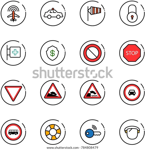 line vector icon set - plane radar vector, safety\
car, side wind, lock, first aid room, safe, prohibition road sign,\
stop, giving way, steep descent, embankment, no, bus, lifebuoy,\
wireless key
