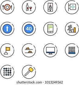 line vector icon set - plate spoon fork vector, wine, christmas mobile, first aid room, only forward road sign, minimal speed limit, career, flag, flip flops, monitor, binary code, circuit