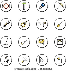 line vector icon set - plate spoon fork vector, work, wrench, axe, side cutters, drill machine, shovel, rake, scythe, jig saw, tool box, welding, paint roller, corner ruler, allen key