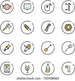 line vector icon set - plate spoon fork vector, diagnostic monitor, mouse wireless, bezier, axe, work knife, plumber, nut, dowel, Angular grinder, shovel, farm, multimeter, winch, brush, allen key