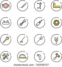 line vector icon set - plate spoon fork vector, scalpel, bezier, corner ruler, jointer, wrench, screwdriver, nut, wood drill, hoe, farm, winch, hammer, construction helmet, allen key, toy