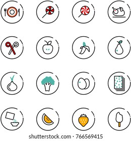 line vector icon set - plate spoon fork vector, lollipop, turkey, santa stick, apple, banana, pear, onion, broccoli, eggs, breads, cereal, watermelone, strawberry, ice cream