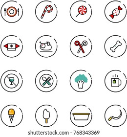 line vector icon set - plate spoon fork vector, lollipop, candy, turkey, santa stick, broken bone, no alcohol sign, broccoli, green tea, ice cream, basin, sickle