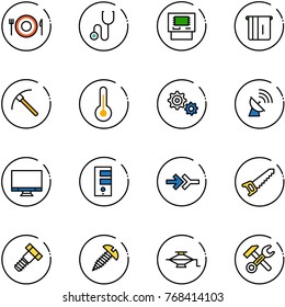 line vector icon set - plate spoon fork vector, stethoscope, atm, rock axe, thermometer, gear, satellite antenna, monitor, server, connect, saw, bolt, screw, jack, wrench hammer