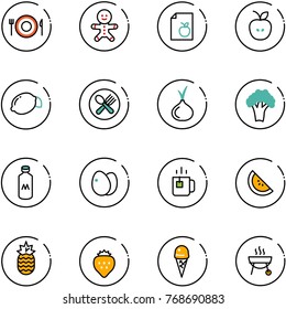 line vector icon set - plate spoon fork vector, cake man, diet list, apple, lemon, onion, broccoli, milk, eggs, green tea, watermelone, pineapple, strawberry, ice cream, grill