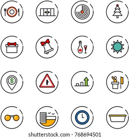 line vector icon set - plate spoon fork vector, automatic doors, radar, christmas tree, gift, bell, wine, sun, dollar pin, intersection road sign, growth arrow, speaker, sunglasses, hotel, clock